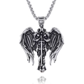 Gothic silver-toned stainless steel guardian angel wing and sword pendant necklace - Steel Color Angel Wings Sword Pendant (A0903)