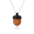 Natural wood acorn pendant necklace with dark brown cap and silver chain on white background - Acorn Rosewood Color