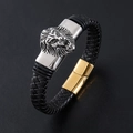 Herren Armband aus schwarzem Leder mit silbernem Löwenkopf und goldenem Magnetverschluss - Gold