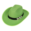 Bright green western cowboy wool hat with elegant black pearl and flower ribbon trim - 105-Light Green