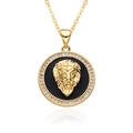Close-up of golden lion head pendant with black enamel and sparkling crystal frame - Black Background Lion Head Rhinestone Style (D555)