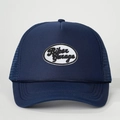 Navy blue Biker Garage trucker hat with white logo patch and breathable mesh back - One Size / Navy Blue