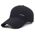 Black cotton baseball cap with long visor and silver Sport metal plate detail - Long Label / Navy Blue
