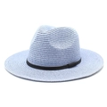 Detailed straw weave texture of light blue Fedora hat with black leather band detail - M (56-58cm) / Sky Blue