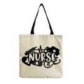 Detailed view of nurse theme beige canvas tote bag with black print and durable handles - Nursing Industry Icons Full Print Style (hm6972)