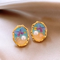 Detail of French vintage earrings with gold edges, blue resin sky, and purple butterfly - Gold Butterfly Scenery (57#)