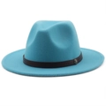 Sky blue wool felt fedora hat with a wide brim and brown leather band and buckle - M (56-58cm) / Lake Blue