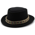 Black wool felt pork pie hat with colorful ethnic pattern braided ribbon detail - M(56-58cm) / Black