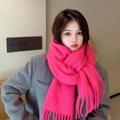 Soft mohair winter scarf in vibrant rose red color with decorative fringe tassels - Rose Red