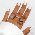 Close-up of stacked silver rings with gray cushions and clear square stones on model - Silver Fashion Stackable Rings Combination (04)