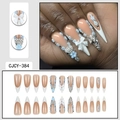 French blue flower stiletto press-on nails with white bows and sparkling rhinestones - French Rhinestone Bow Blue Flower Style (CJCY-384)