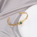 Gold stainless steel C-shape bracelet with hammered texture and green malachite sun design - Green Starburst (B01997-16)