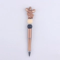 Detail of creative beaded pen featuring a cute elk topper and glitter bronze barrel - Moose Coffee
