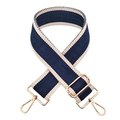 Navy and beige woven 5cm wide bag strap with golden metal hooks on white background - Dark Blue Rice White Edge