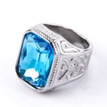Macro detail of large rectangular blue gemstone set in engraved stainless steel ring - US 7 / Silver Tone (Lake Blue Rhinestone)