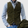 Detailed texture of olive green corduroy vest with single-breasted buttons and pockets - S / Tops / Army Green