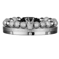 Double crown bracelet set with silver beads and Forever Love engraved steel bangle - 2-Piece Set Silver Style 1