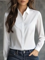 Elegant white satin long sleeve shirt with classic lapel collar for women - White