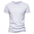 Nahaufnahme der weißen Flammbaumwolle und V-Ausschnitt-Details eines Herren T-Shirts - S / Rundhalsausschnitt / Weiß