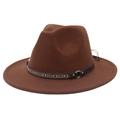 Detail of wide brim dark brown felt fedora with ethnic woven band and metallic buckle - M (56-58cm) / Coffee