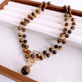 Vintage tiger eye double-layer beaded necklace with golden toggle clasp and pendant - 31# Coffee-Round