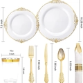 White disposable plates with gold baroque edges, 10oz cup, and gold cutlery set with sizes - Tableware Combo Set (1 Person) / 1 Set each (with napkin ring)