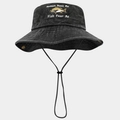Detail of embroidered fish pattern and funny quote on dark grey washed cotton bucket hat - Washed Black