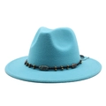 Detail of sky blue wool felt fedora featuring a woven beaded band with turquoise stones - Lake Blue