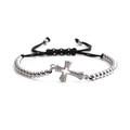 Adjustable cross bracelet with sparkling cubic zirconia and black woven cord for couples - White Gold Cross