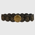 Cinturón bohemio de cuero negro con remaches redondos de bronce y hebilla de flor - Negro