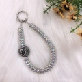 Sparkling silver phone chain with crystal-encrusted rings and black heart pendant - Black and White Rhinestone Heart