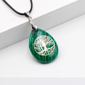 Teardrop green malachite pendant necklace with golden Tree of Life inlay and cord - Malachite With Black Braided Rope