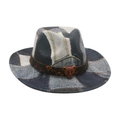 Vintage patchwork denim fedora with leather band and metal leopard head ornament - One Size / Black