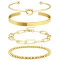 Four-piece gold bracelet set featuring layered chain, bangle, and bead designs on white - Golden Dual Bangle, Paperclip and Bead Chain Set