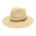 Beige straw Panama hat with fringe brim and brown leather belt buckle accessory - M (56-58cm) / Beige