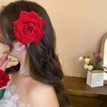 Elegant large red fabric rose hair clip for women with soft petals and vintage style - Red Large Rose (Duckbill Clip)