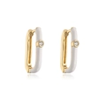 Detail of gold geometric earrings with white enamel and clear zircon stones - White