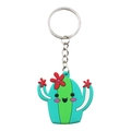 Cartoon cactus PVC keychain with green stripes and red flowers for party favors - Cartoon Cactus