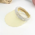 Women's straw visor hat with pearls and open top design in cream beige finish - White