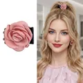 Pink fabric rose flower hair claw clip with black base for summer hairstyles - Pink Camellia (2403061)