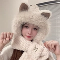 Cute cream plush fox ear hood scarf combo for women with dark animal ears design - Beige