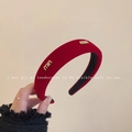 Padded red velvet headband with gold letter accents and non-slip lining - Min Letter Logo Velvet Style / Red