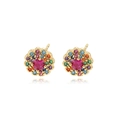 Colorful zircon flower stud earrings with gold base and mirror reflection on white backdrop - Colorful