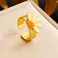 18k gold plated stainless steel sunflower ring featuring a bright orange center stone - Grid Sunflower Orange Stone Style (R518) / Adjustable Open