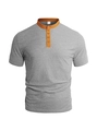 T-shirt Henley gris pour homme, coupe ajustée, col contrasté orange-brun avec boutons - Gris Chiné