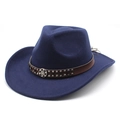 Detailansicht eines dunkelblauen Filz-Cowboyhutes mit Lederband und Vintage-Nieten - M (56-58cm) / Marineblau