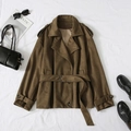 Short brown faux suede trench jacket for women featuring a stylish belt and epaulets - XS / Dark Brown