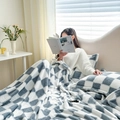 Blue and white checkered plush fleece blanket set with matching pillowcases on a cozy bed - Blue & White