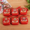Set of six red square Christmas tin coin purses with cartoon dragon designs and zippers - Square Year of the Dragon