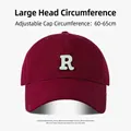 Burgundy cotton baseball cap with white R embroidery for large head sizes 60-65cm - R Letter Hat-Wine Red
